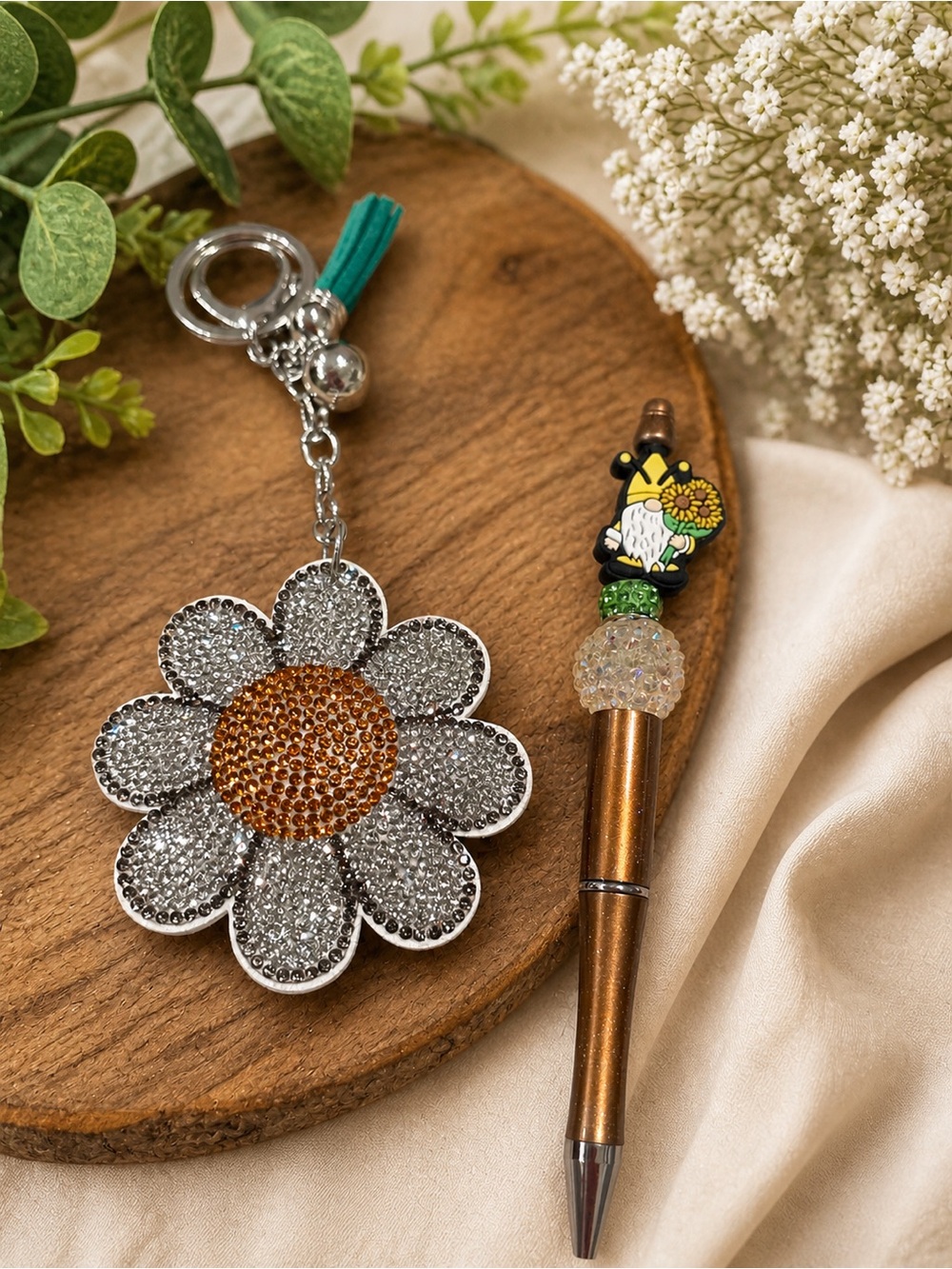 Crystal Daisy Keychain Charm in Silver and Gold and handmade beaded gnome pen